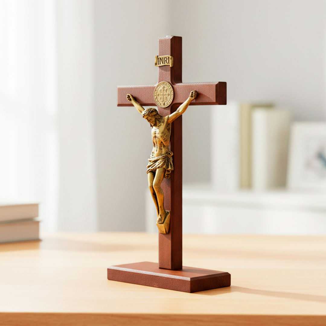 Crucifixo Medalha de São Bento em Madeira e Metal - Mesa/Parede