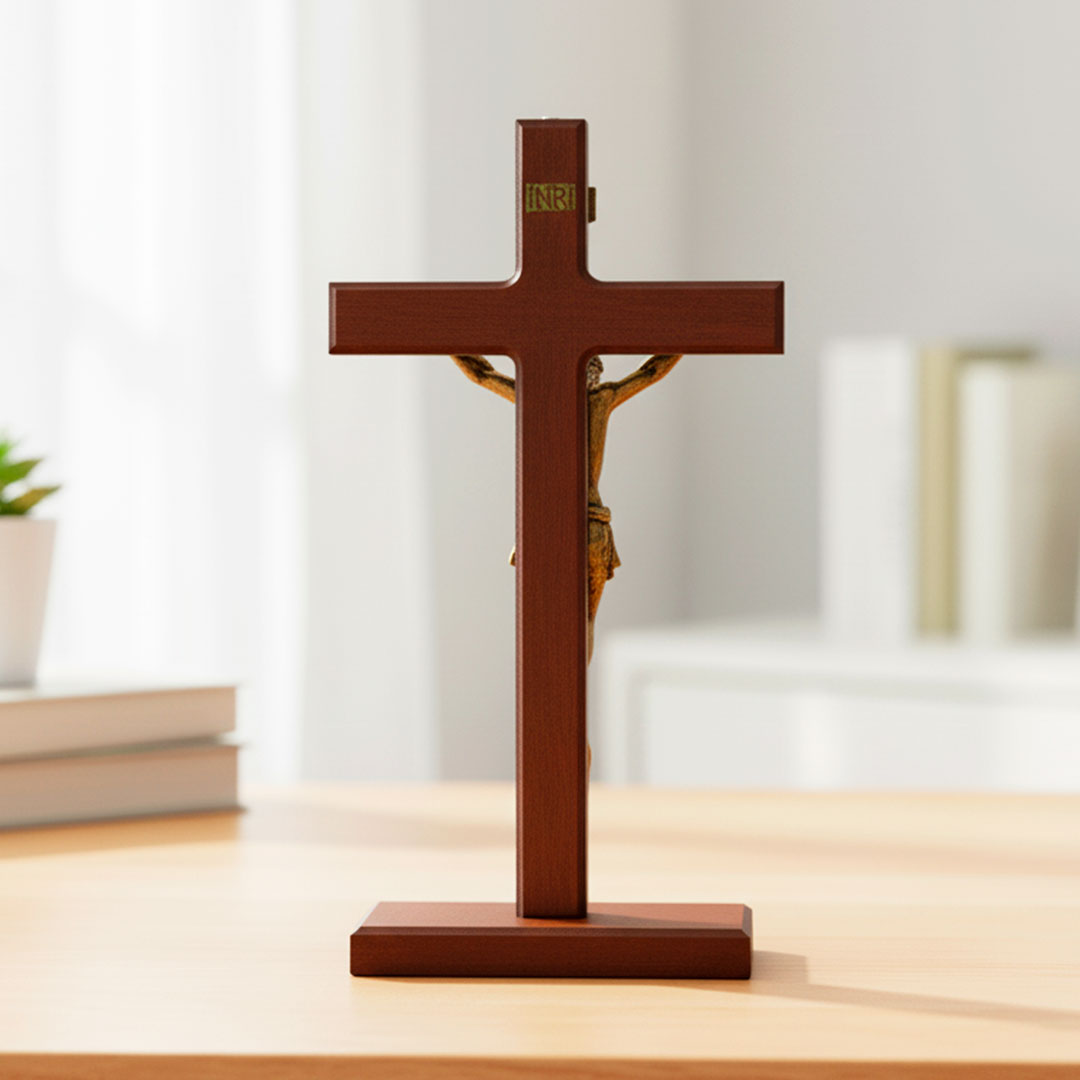 Crucifixo Medalha de São Bento em Madeira e Metal - Mesa/Parede