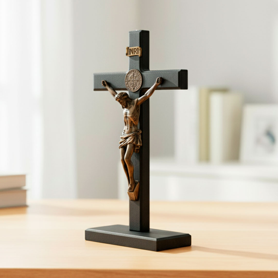 Crucifixo Medalha de São Bento em Madeira e Metal - Mesa/Parede