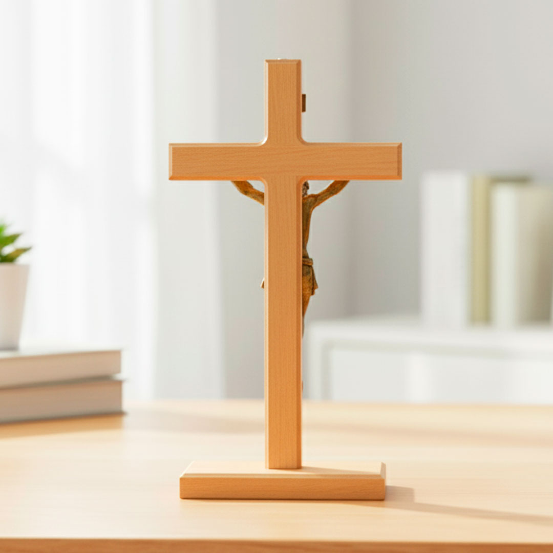 Crucifixo Medalha de São Bento em Madeira e Metal - Mesa/Parede